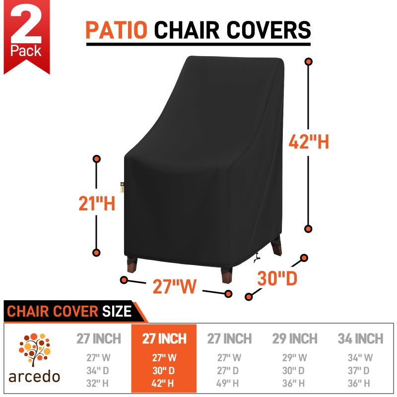 Arcedo High Back Patio Chair Cover 2 Pack  Waterproof Outdoor Weatherproof Chairs Covers for Stackable Dining Furniture Seating - 27 W x 30 D x 42 H  Black - Image 2
